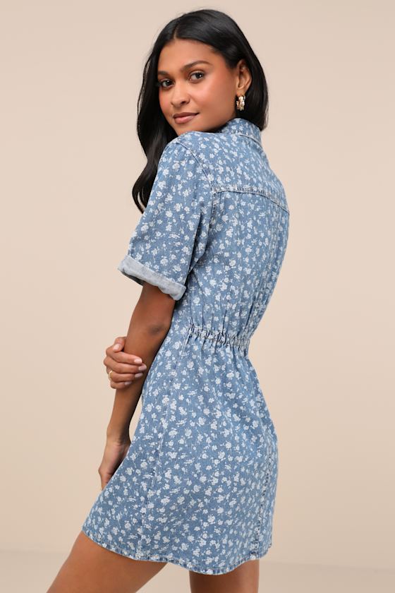 Lulus Renske Light Wash Denim Floral Button-front Mini Dress In Blue
