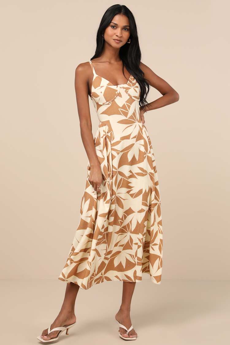 Cream Floral Midi Dress - Bustier Midi Dress - Poplin Midi Dress - Lulus