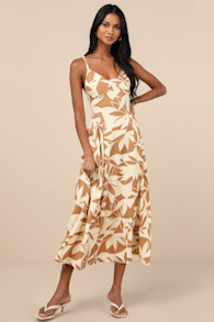 Veris Cream and Tan Floral Bustier Midi Dress 1
