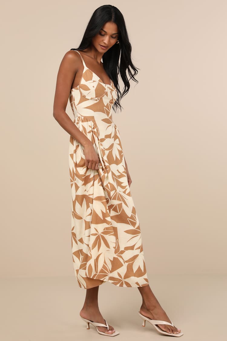 Veris Cream and Tan Floral Bustier Midi Dress