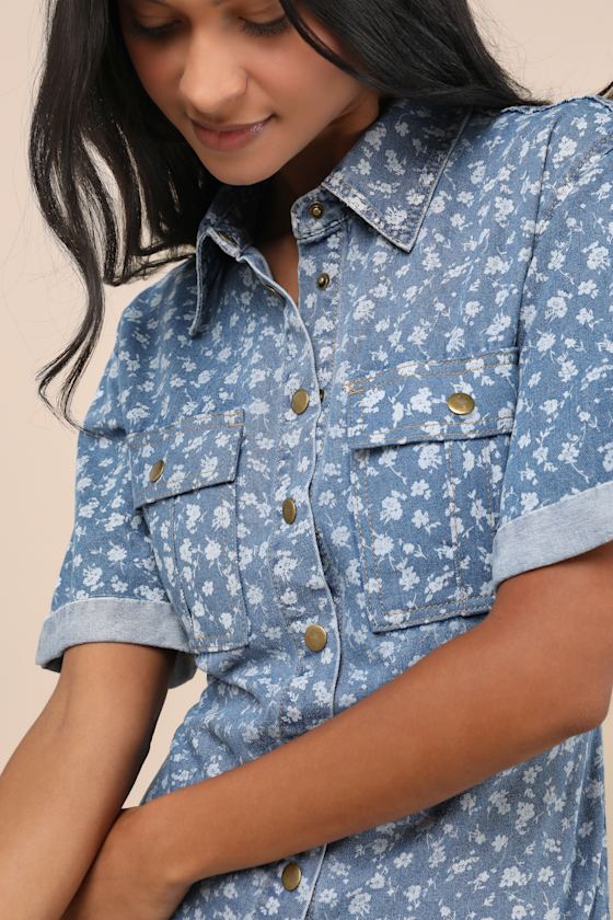 Lulus Renske Light Wash Denim Floral Button-front Mini Dress In Blue