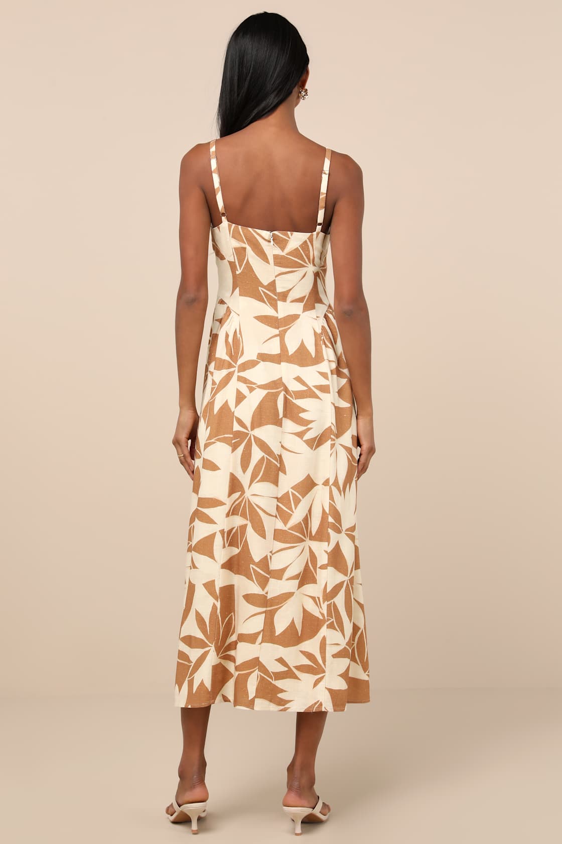 Veris Cream and Tan Floral Bustier Midi Dress