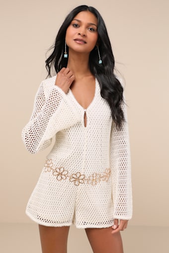 Halima Cream Crochet Floral Belted Bell Sleeve Romper 1