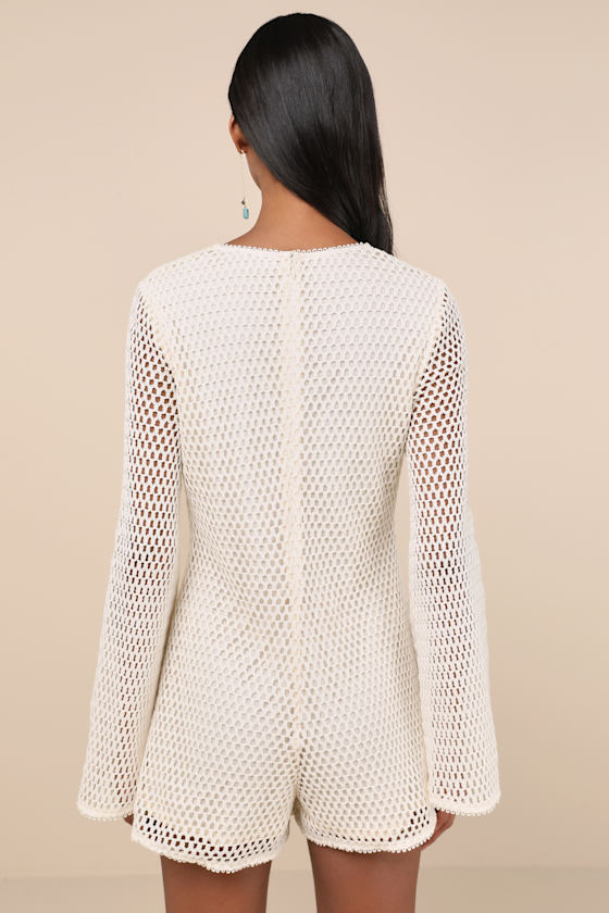 Lulus Halima Cream Crochet Floral Belted Bell Sleeve Romper In White