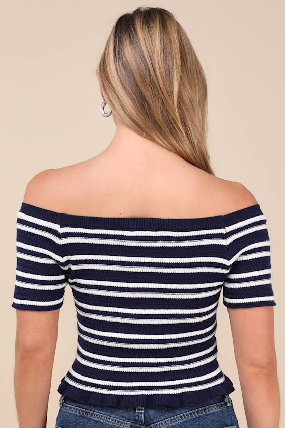 Lulus Erela Navy And Ivory Striped Off-the-shoulder Sweater Top In Navy