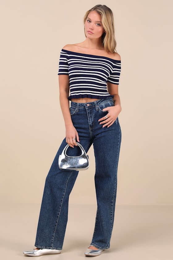 Lulus Erela Navy And Ivory Striped Off-the-shoulder Sweater Top In Navy