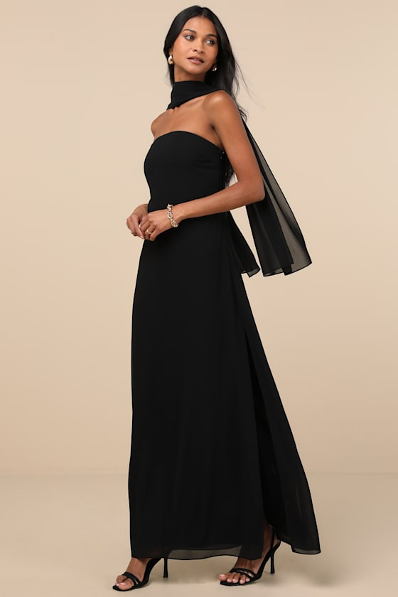 Lulus Rawya Black Strapless Maxi Dress And Scarf Set In Black