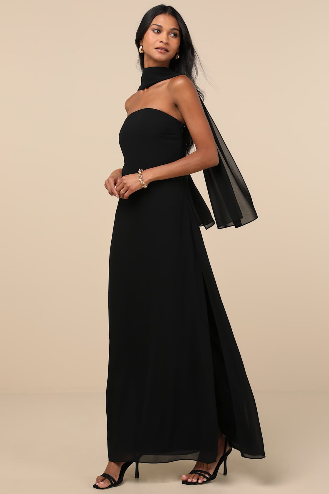 Rawya Black Strapless Maxi Dress and Scarf Set