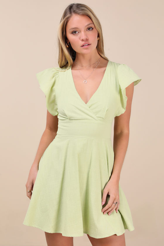 Lulus Sweeten Me Up Lime Green Flutter Sleeve Mini Dress With Pockets In Green