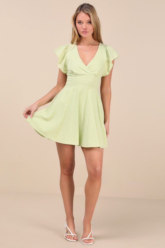 Lulus Sweeten Me Up Lime Green Flutter Sleeve Mini Dress With Pockets In Green