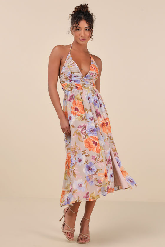 Lulus Danelle Taupe Floral Halter A-line Midi Dress In Taupe