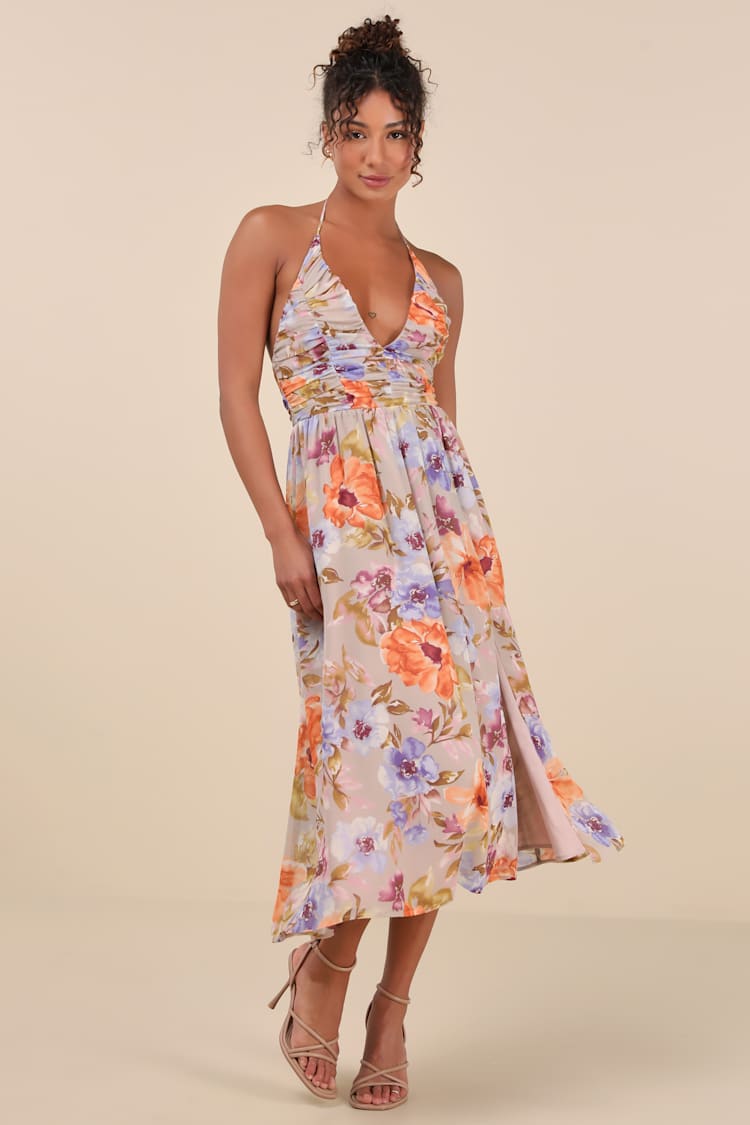 Taupe Floral Halter A-Line Midi Dress | Womens | Medium (Available in XS, S, L, Xl) | 100% Polyester