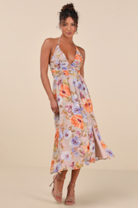 Danelle Taupe Floral Halter A-Line Midi Dress