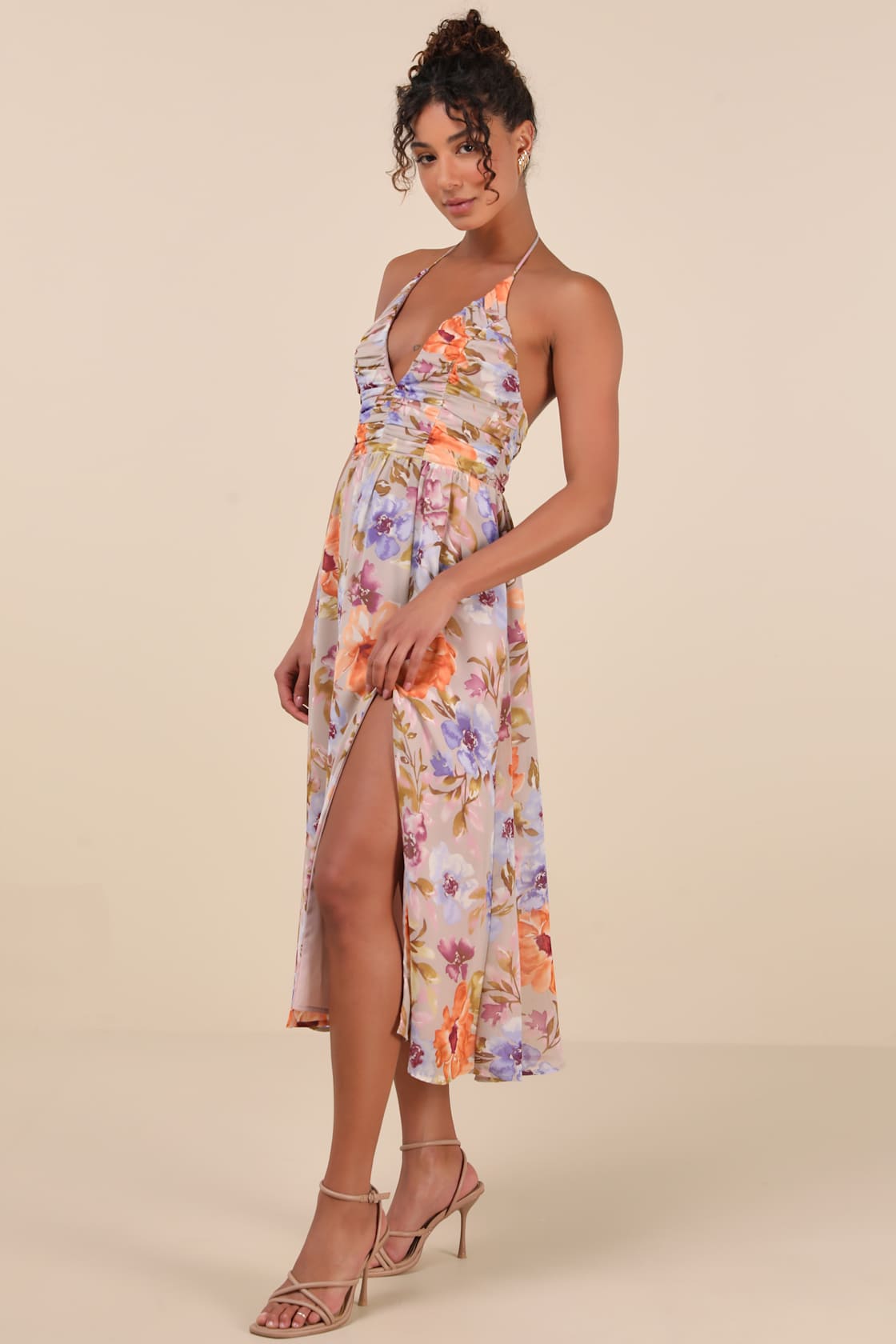Danelle Taupe Floral Halter A-Line Midi Dress
