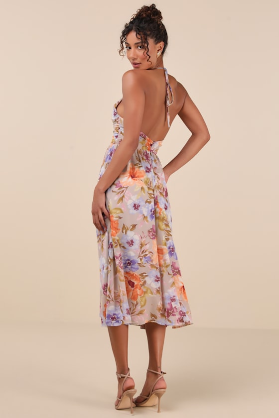 Lulus Danelle Taupe Floral Halter A-line Midi Dress In Taupe