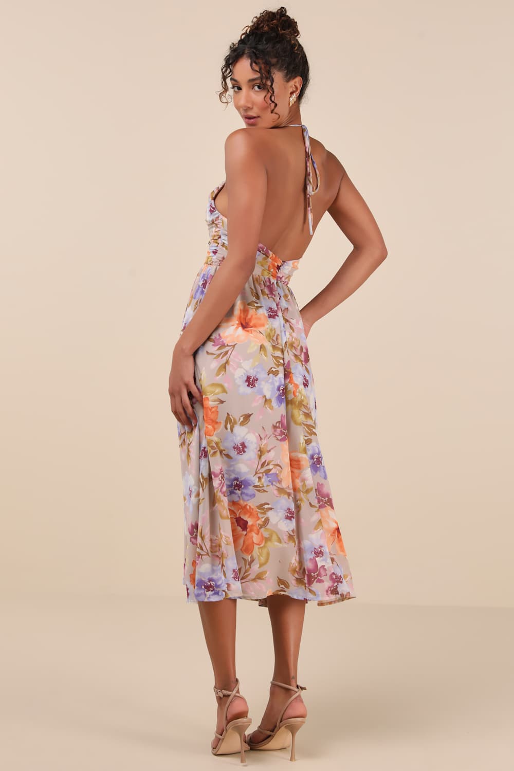 Danelle Taupe Floral Halter A-Line Midi Dress