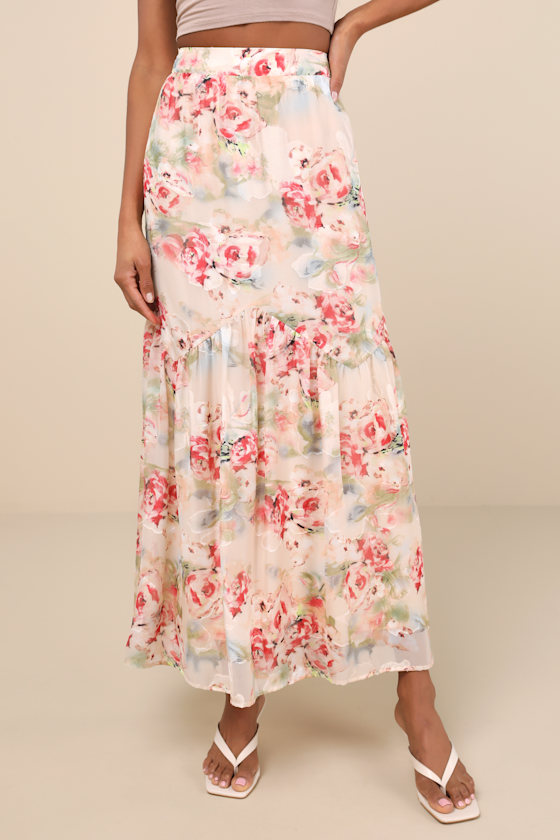 Lulus Jalina Cream Multi Floral Jacquard High-rise Maxi Skirt In Cream Multi