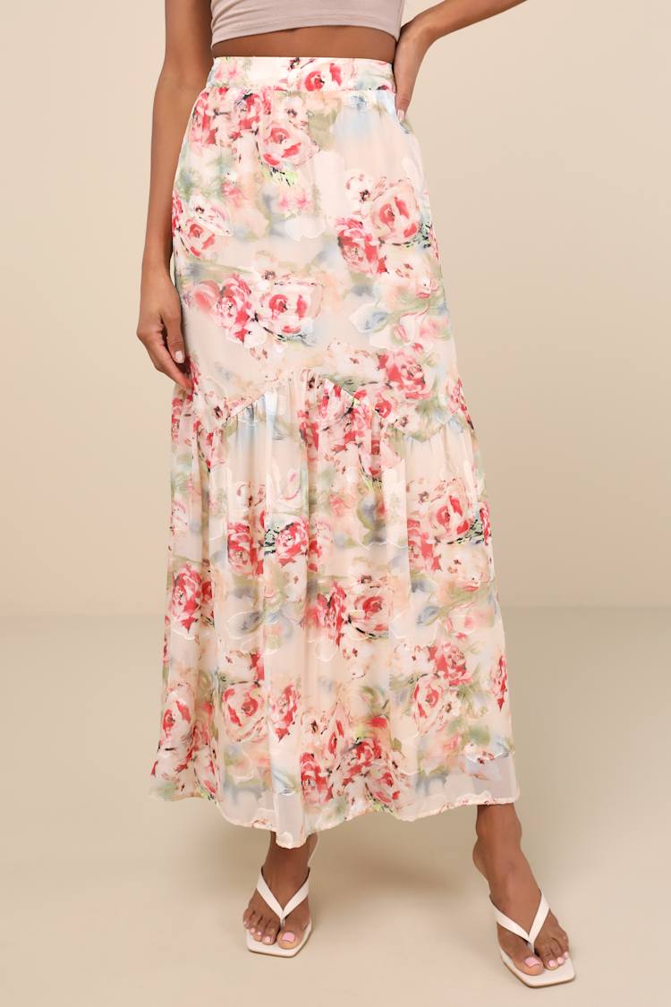 Jalina Cream Multi Floral Jacquard High-Rise Maxi Skirt