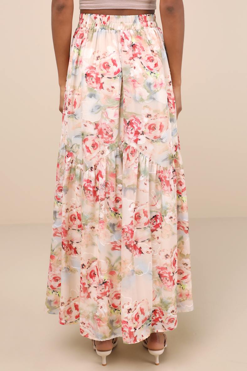 Jalina Cream Multi Floral Jacquard High-Rise Maxi Skirt