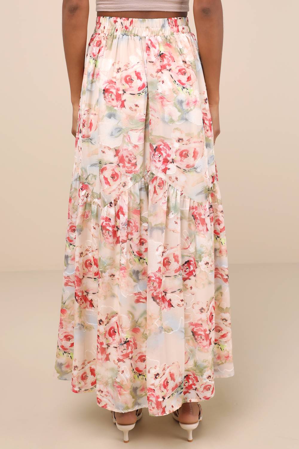 Jalina Cream Multi Floral Jacquard High-Rise Maxi Skirt