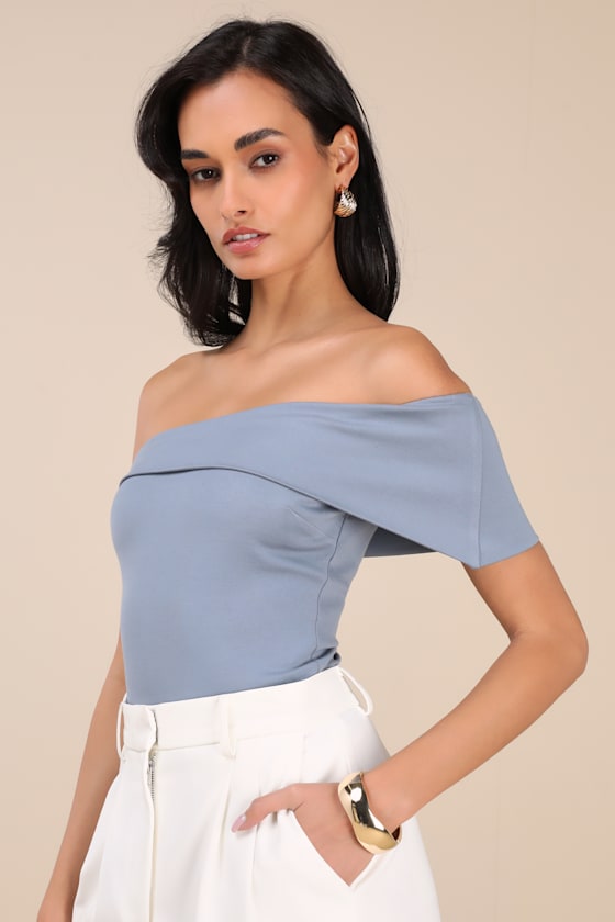 LULUS LORINA SLATE ASYMMETRICAL OFF-THE-SHOULDER TOP