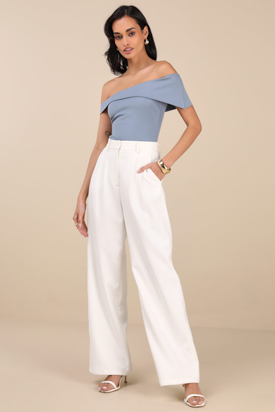 LULUS LORINA SLATE ASYMMETRICAL OFF-THE-SHOULDER TOP