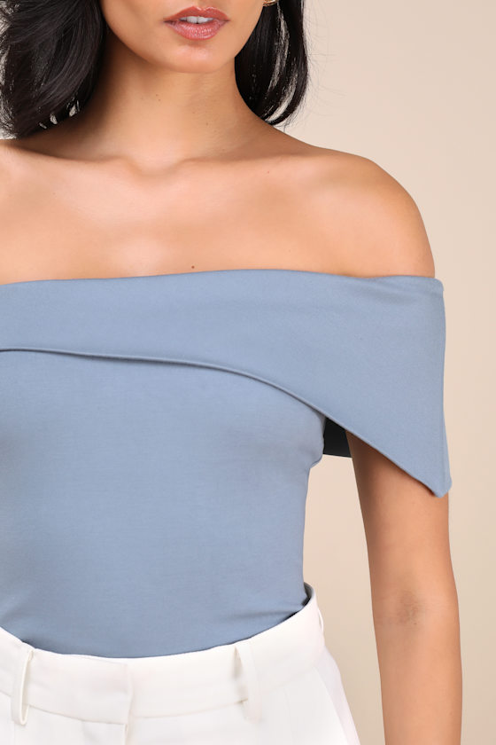 LULUS LORINA SLATE ASYMMETRICAL OFF-THE-SHOULDER TOP