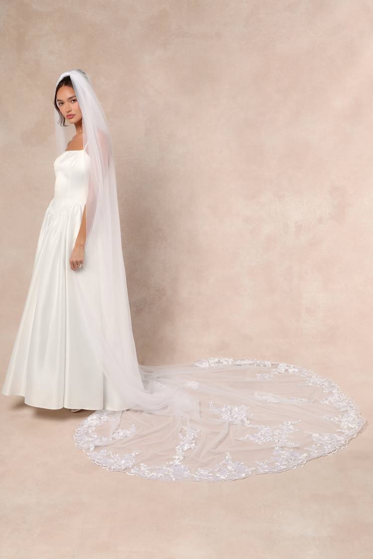 Nima White Mesh Embroidered Long Veil