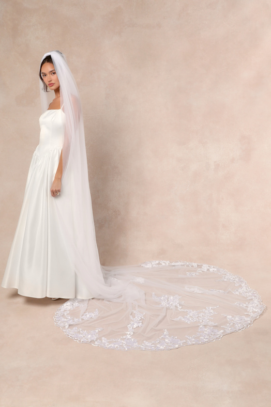 Nima White Mesh Embroidered Long Veil 1