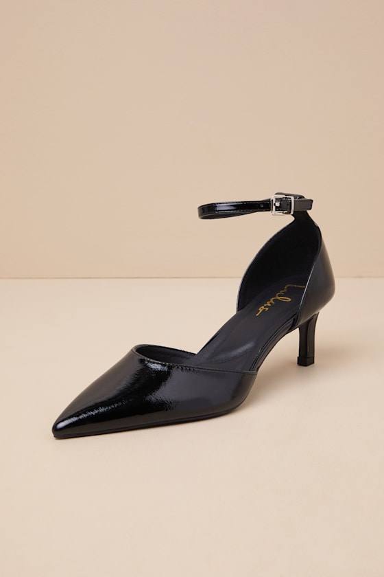 Lulus Janica Black Patent Pointed-toe Kitten Heel Pumps In Black