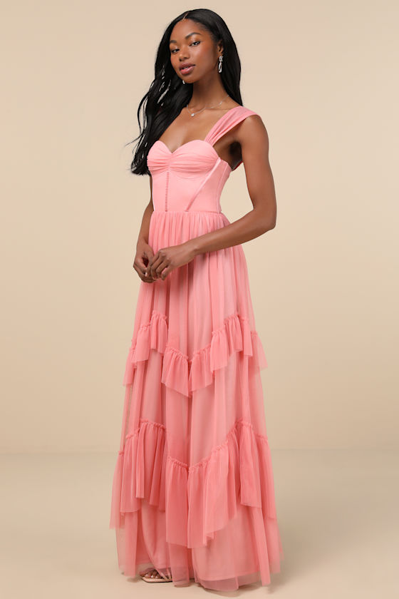 Shop Lulus Stunning Personality Pink Mesh Off-the-shoulder Maxi Dress