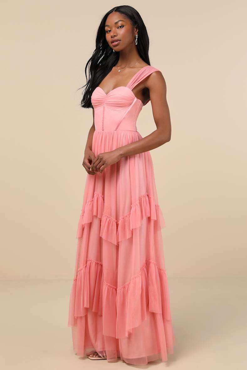 Stunning Personality Pink Mesh Off-the-Shoulder Maxi Dress