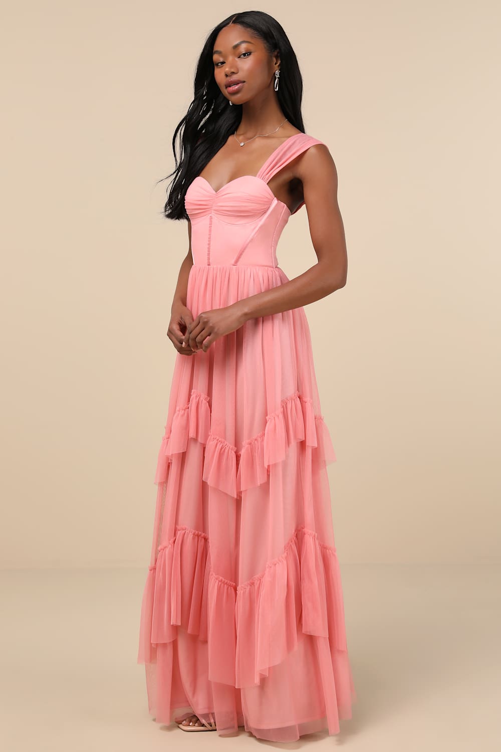 Stunning Personality Pink Mesh Off-the-Shoulder Maxi Dress