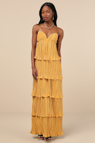 Kanya Marigold Yellow Satin Plisse Tiered Maxi Dress
