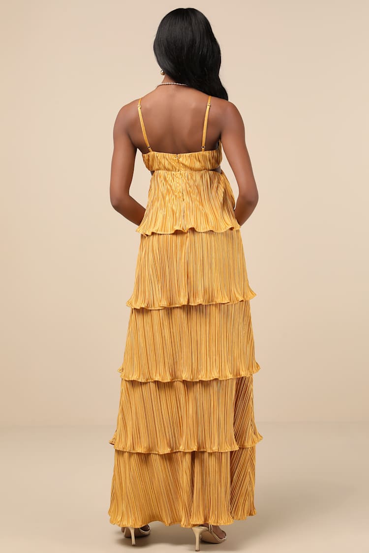 Kanya Marigold Yellow Satin Plisse Tiered Maxi Dress