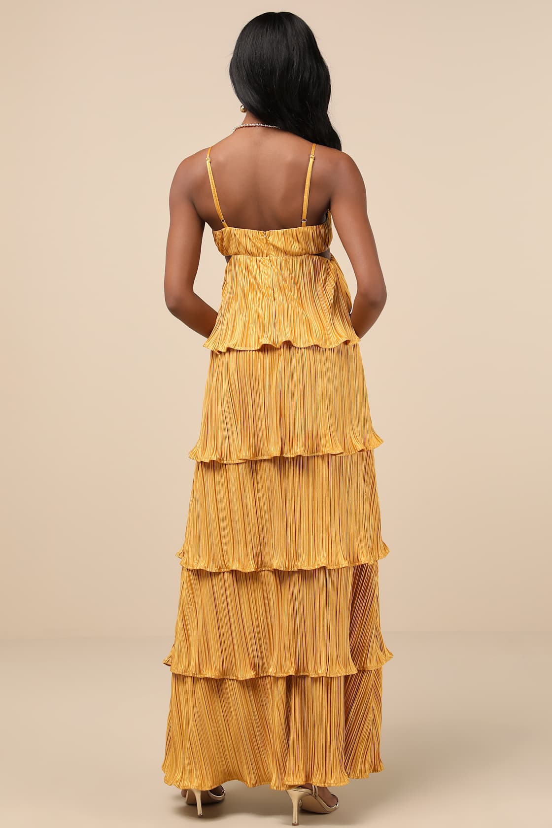 Kanya Marigold Yellow Satin Plisse Tiered Maxi Dress