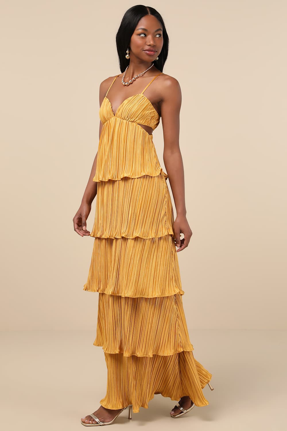 Kanya Marigold Yellow Satin Plisse Tiered Maxi Dress