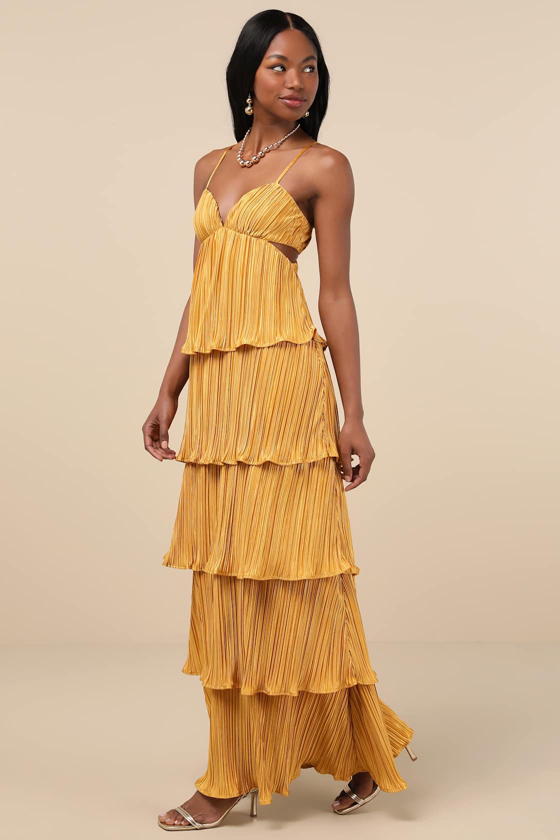 Kanya Marigold Yellow Satin Plisse Tiered Maxi Dress