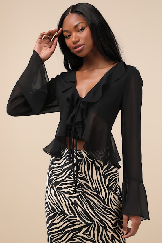 Lulus Thriving Flirt Black Chiffon Ruffled Long Sleeve Tie-front Top In Black