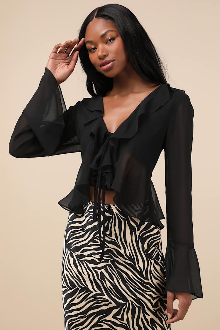 Thriving Flirt Black Chiffon Ruffled Long Sleeve Tie-Front Top