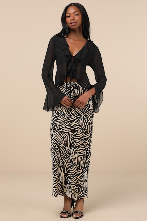 Lulus Thriving Flirt Black Chiffon Ruffled Long Sleeve Tie-front Top In Black