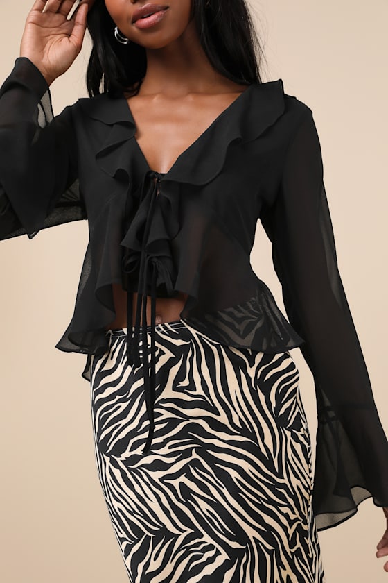 Lulus Thriving Flirt Black Chiffon Ruffled Long Sleeve Tie-front Top In Black