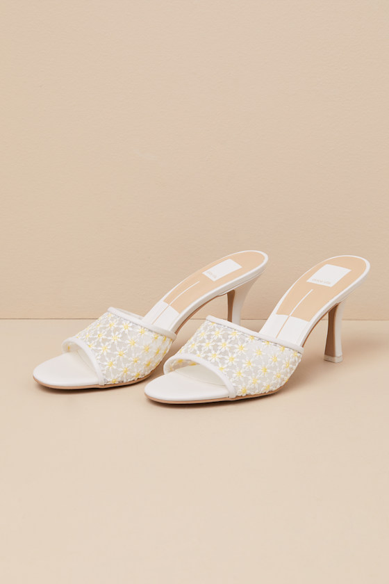 Lavena White and Yellow Floral Leather Mesh High Heel Sandals 2