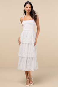 Estrid White Lace Tiered Midi Dress