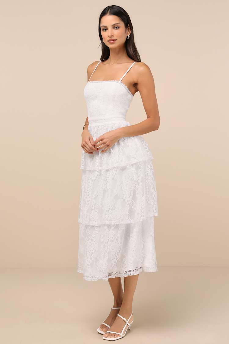 Estrid White Lace Tiered Midi Dress