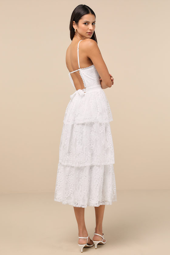 Lulus Estrid White Lace Tiered Midi Dress In White