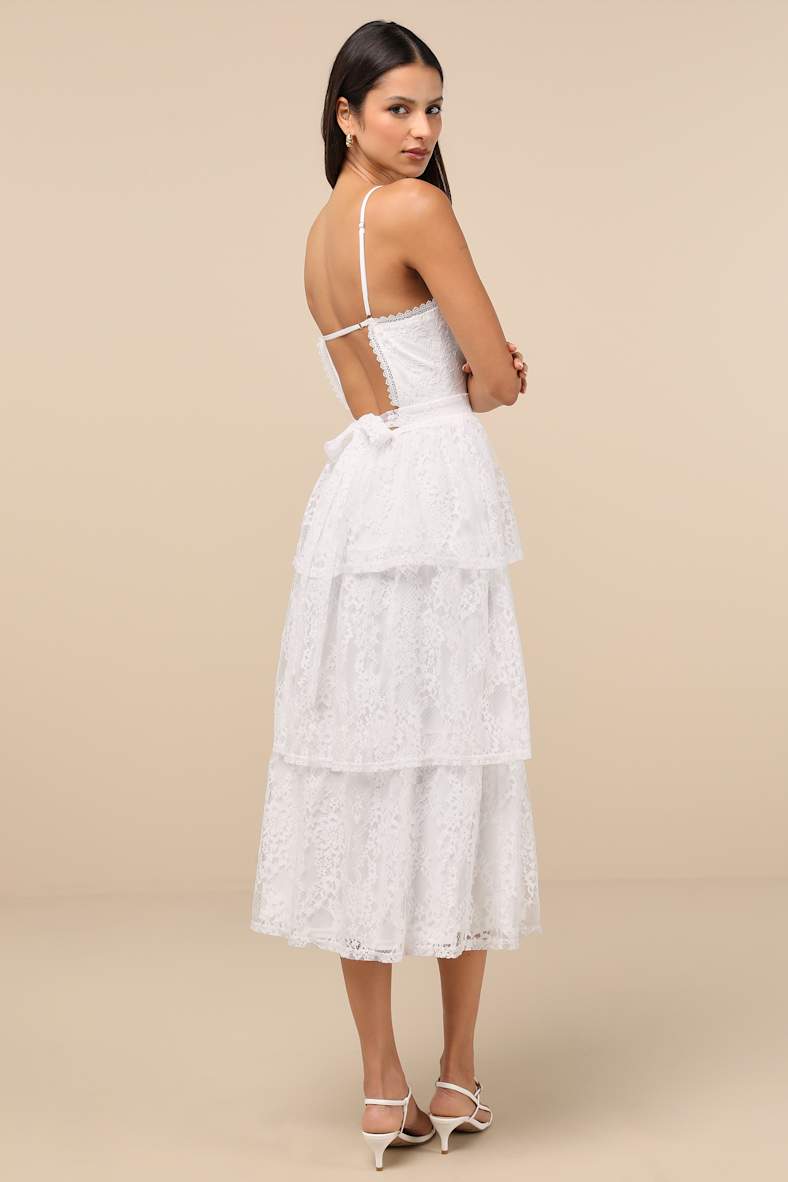 Estrid White Lace Tiered Midi Dress