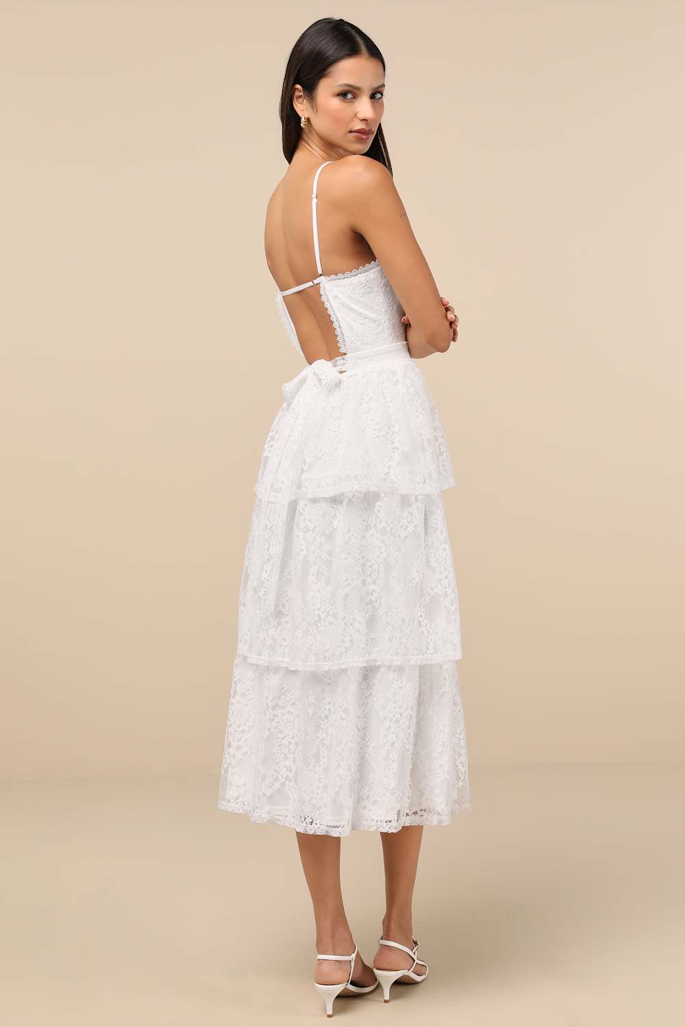 Estrid White Lace Tiered Midi Dress