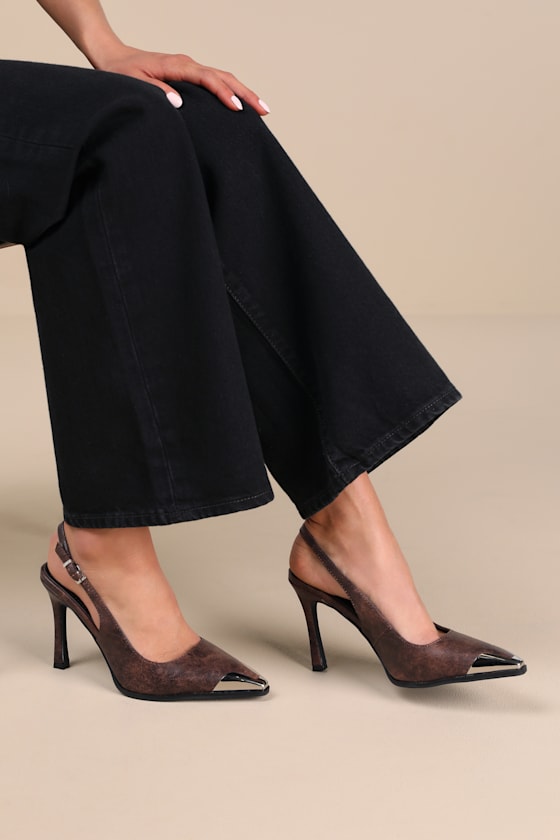 Karenna Brown Pointed-Toe Slingback Pumps