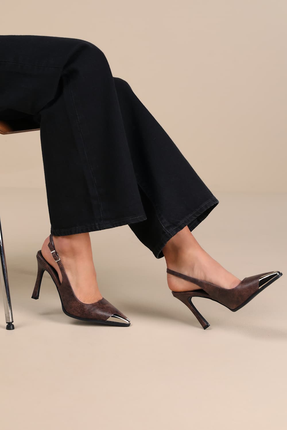 Karenna Brown Pointed-Toe Slingback Pumps